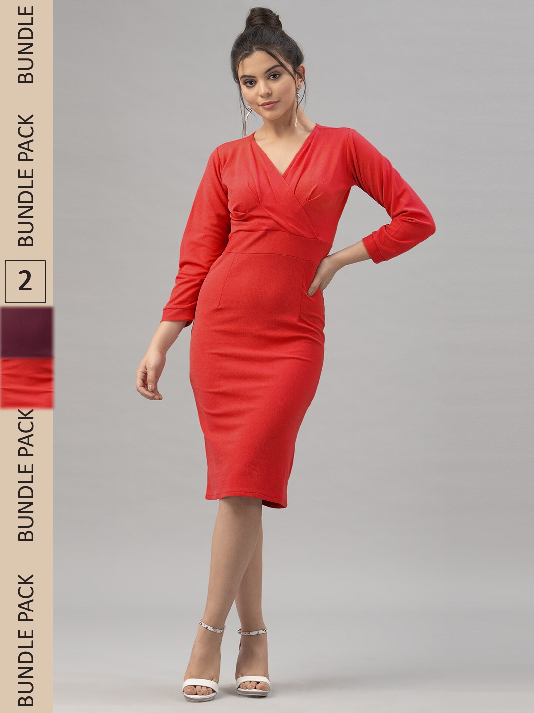 

Selvia Pack Of 2 V-Neck Sheath Midi Dresses, Red
