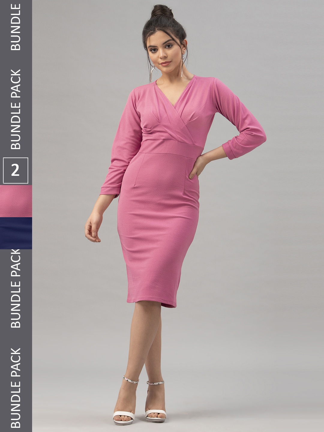 

Selvia Pack Of 2 V-Neck Long Sleeves Wrap Dress, Pink