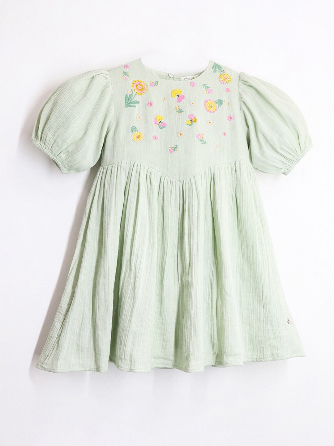 

Cherry Crumble Girls Floral Embroidered Puff Sleeves Fit & Flare Dress, Green