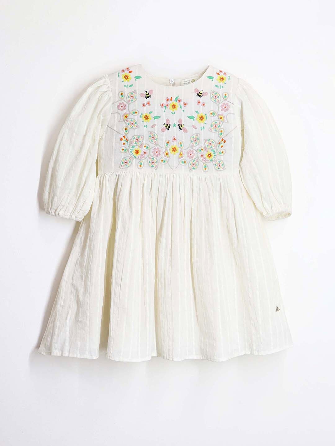 

Cherry Crumble Girls Puff Sleeve Fit & Flare Dress, Cream