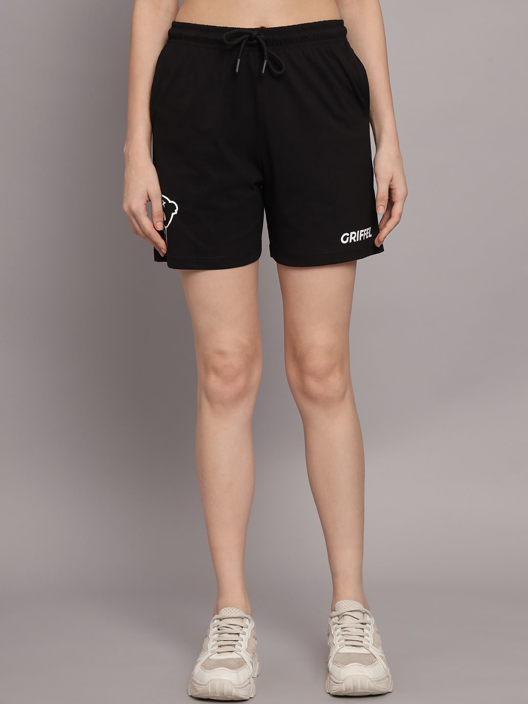 

GRIFFEL Women Loose Fit Cotton Mid-Rise Training or Gym Sports Shorts, Black