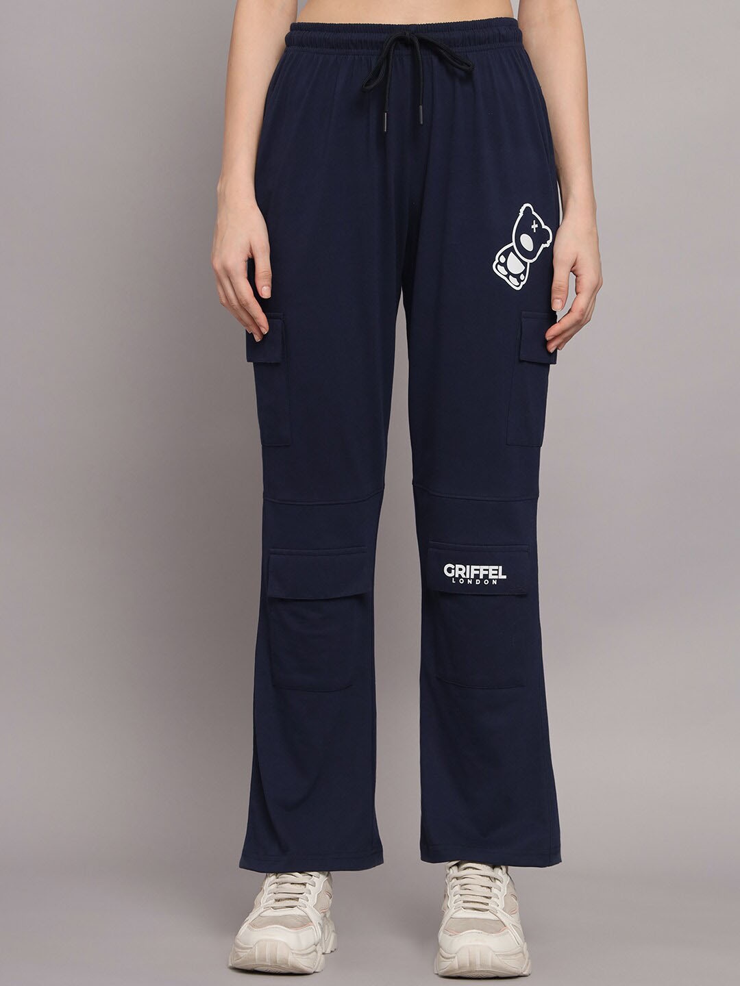 

GRIFFEL Women Regular Fit Cargo Styled Cotton Track Pants, Navy blue