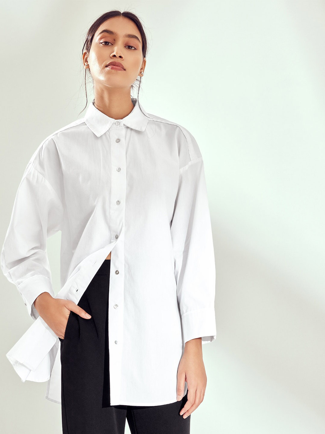 

The Label Life Drop-Shoulder Sleeves Spread Collar Cotton Casual Shirt, White