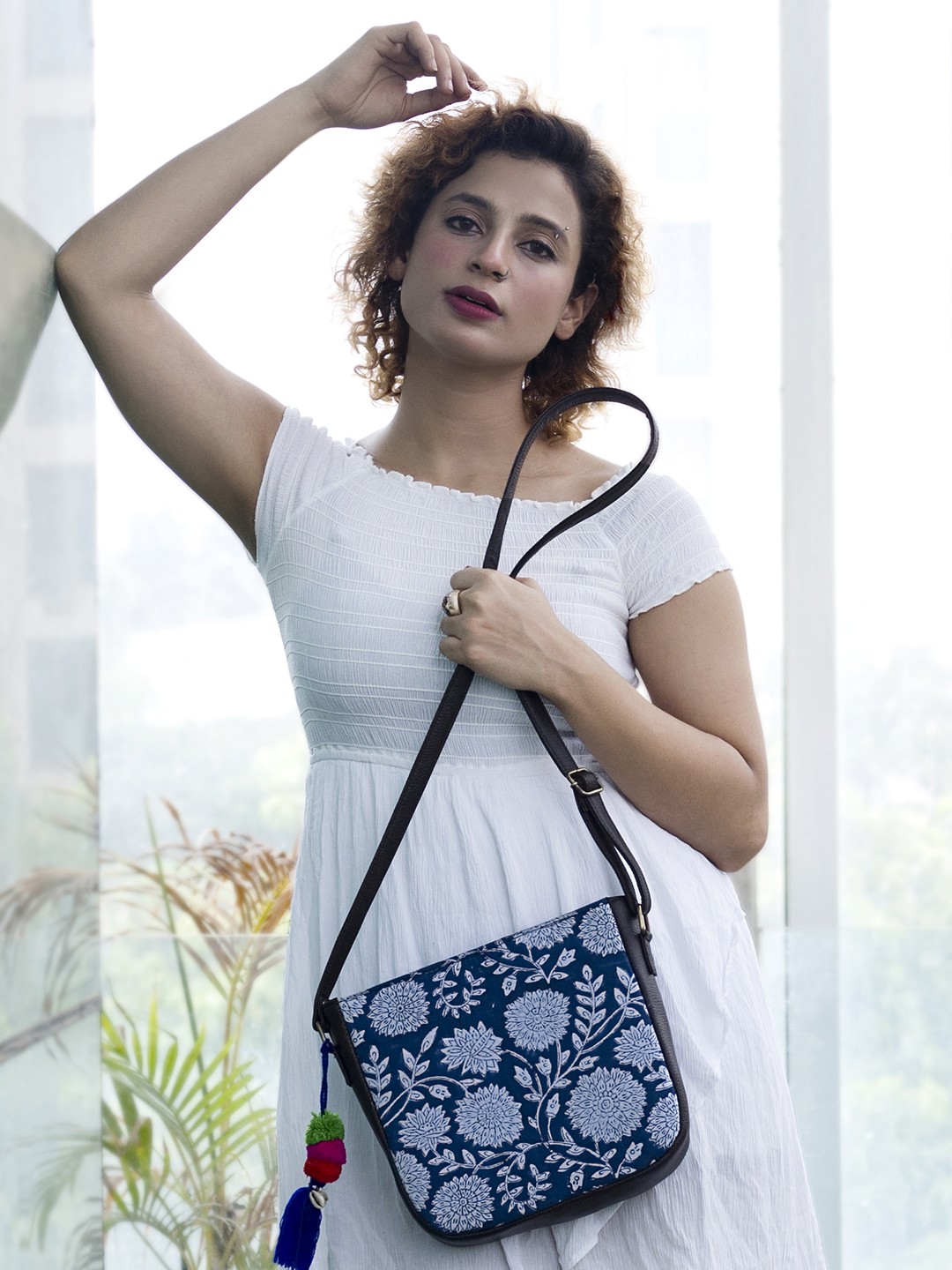 

NEPRI Floral Printed Printed Structured Sling Bag, Navy blue