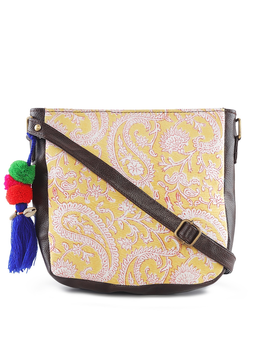 NEPRI Floral Printed Sling Bag with Tasselled, Yellow