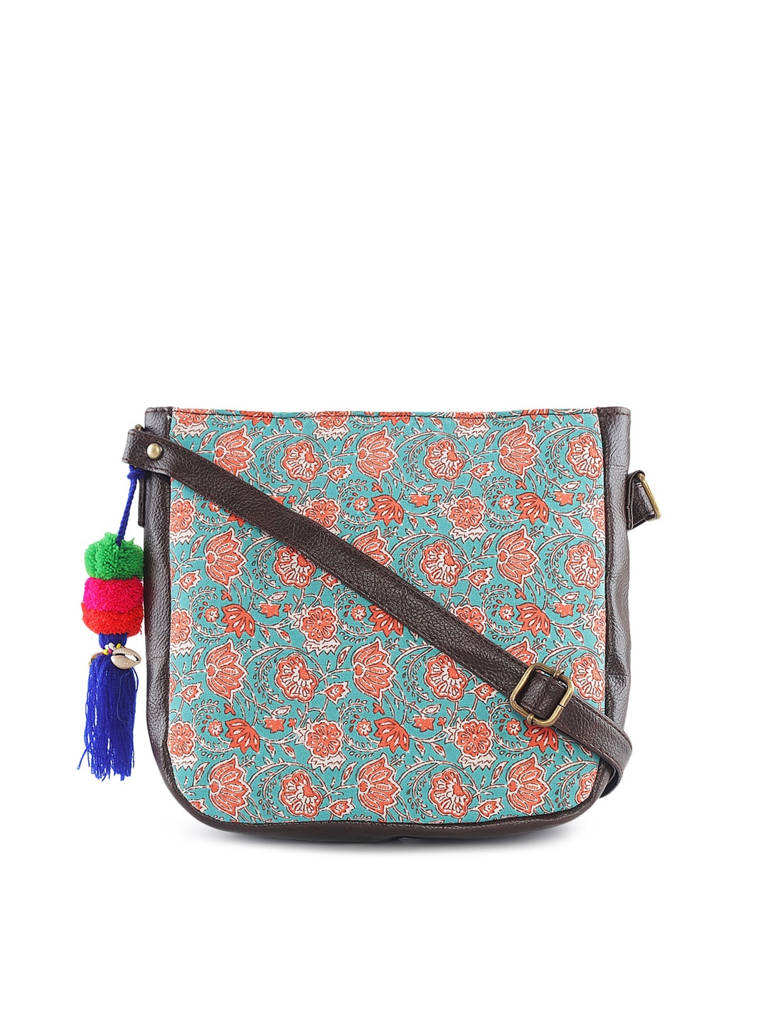 

NEPRI Floral Printed Structured Sling Bag with Tasselled, Sea green