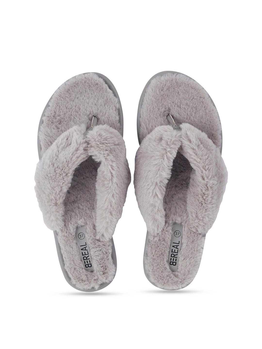 

BEREAL Women Aqua Fur Open Toe Room Slippers, Grey