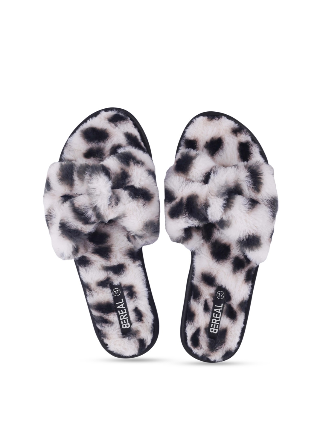 

BEREAL Women Printed Fur Room Slippers, White
