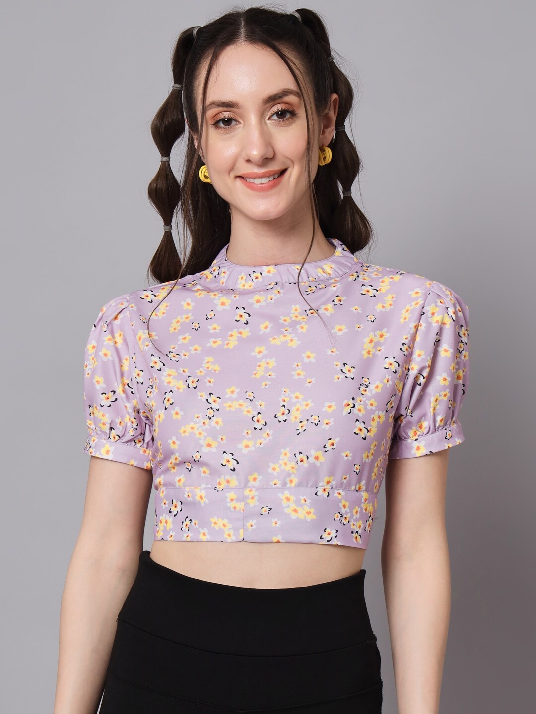 

The Dry State Floral Printed Puff Sleeves Crop Styled Back Top, Lavender