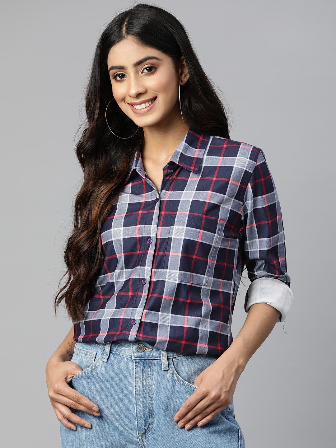

Vemante Women Tartan Checked Cotton Casual Shirt, Navy blue