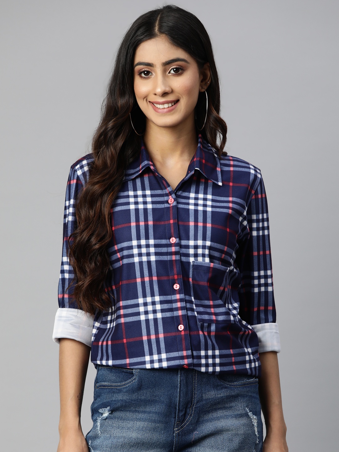 

Vemante Women Tartan Checked Cotton Casual Shirt, Navy blue