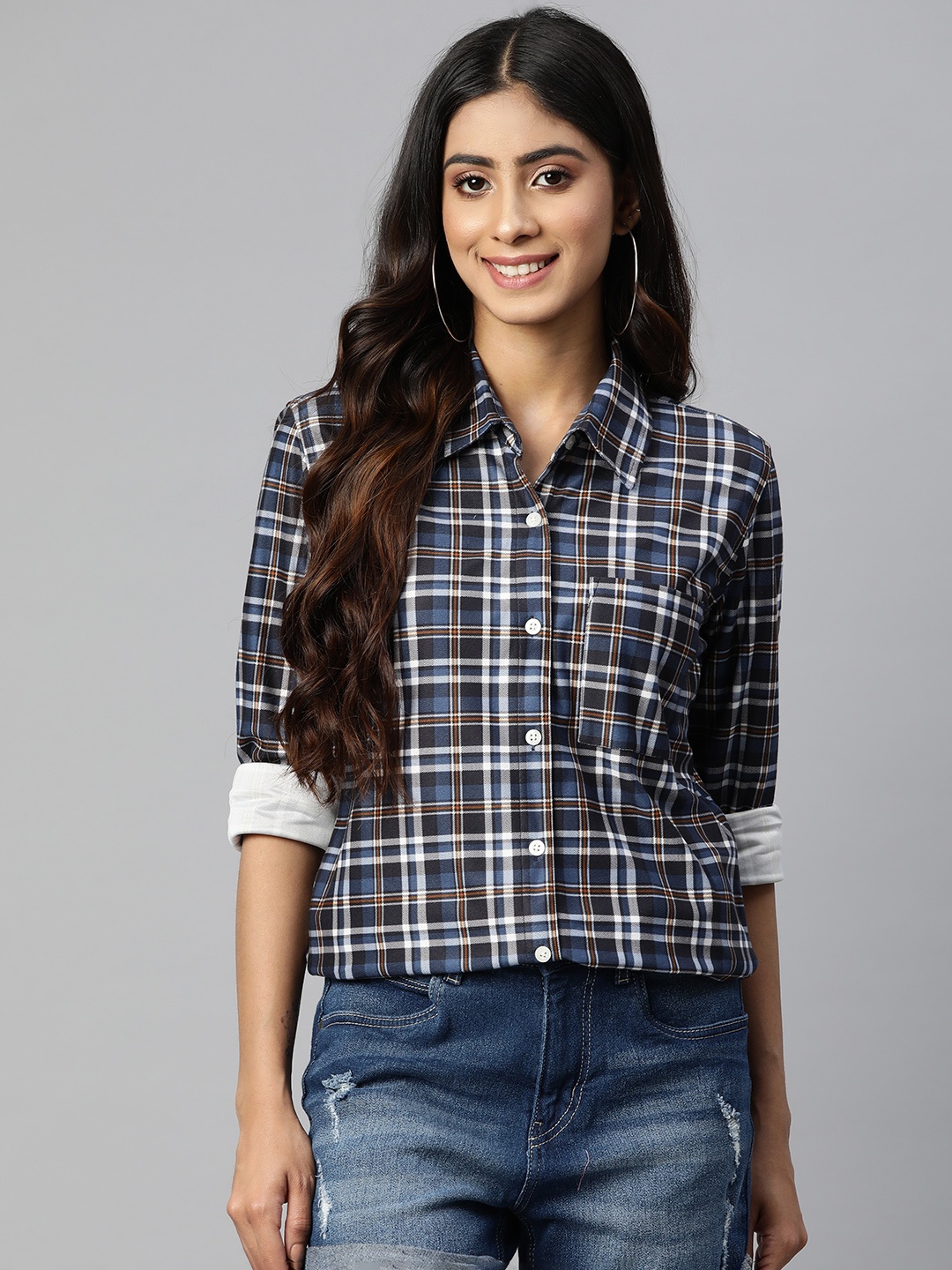 

Vemante Women Tartan Checked Cotton Casual Shirt, Grey