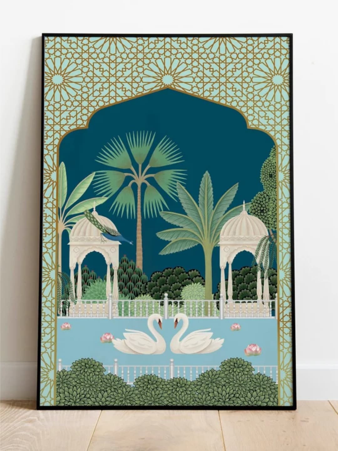 

INDIAN CLASSIC ART Swan Peacock Pichwai Wall Painting, Navy blue