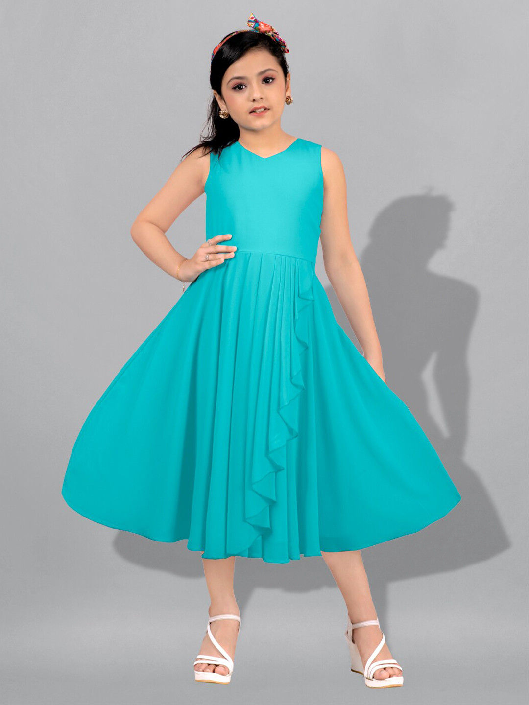 

FASHION DREAM Girls Pleated Fit & Flare Midi Dress, Turquoise blue
