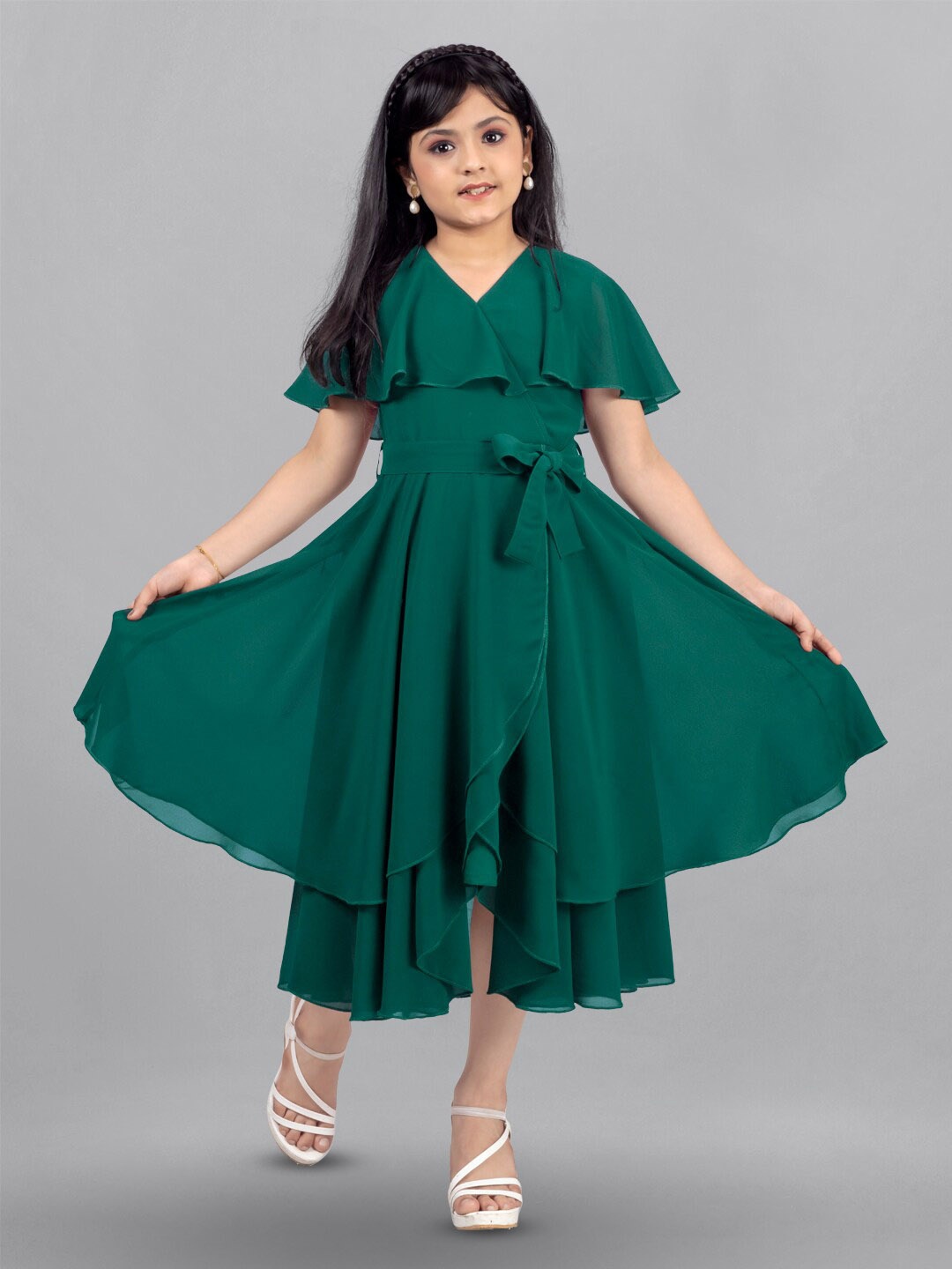 

FASHION DREAM Flared Sleeve Georgette Fit & Flare Midi Dress, Green