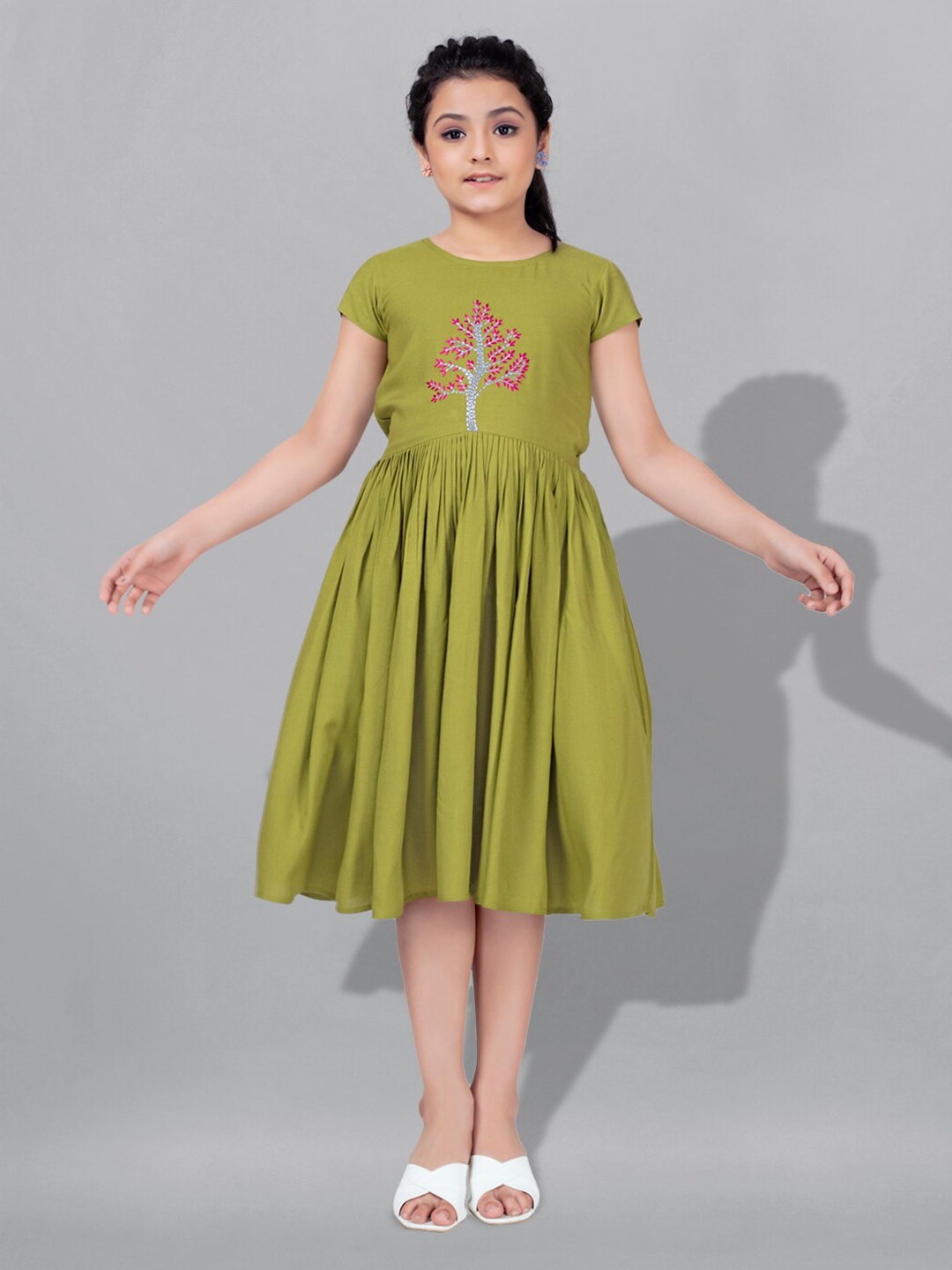 

FASHION DREAM Girls Floral Embroidered Fit & Flare Dress, Olive