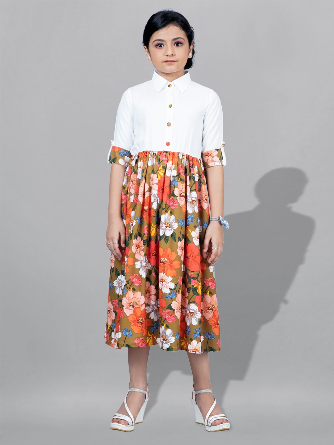 

FASHION DREAM Girls Floral Printed Shirt Collar Fit & Flare Midi Dress, White