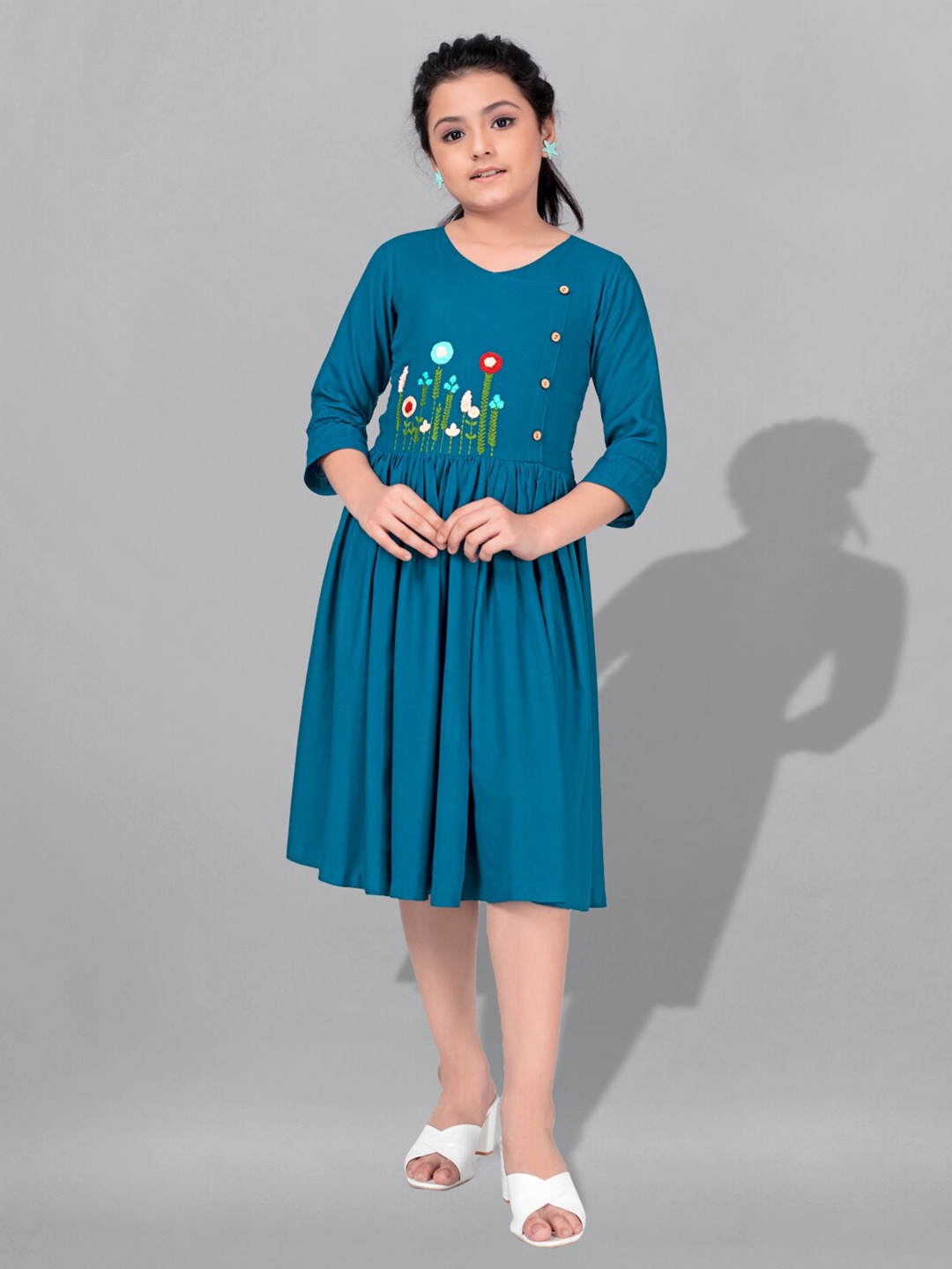 

FASHION DREAM Girls Floral Embroidered Fit & Flare Dress, Teal