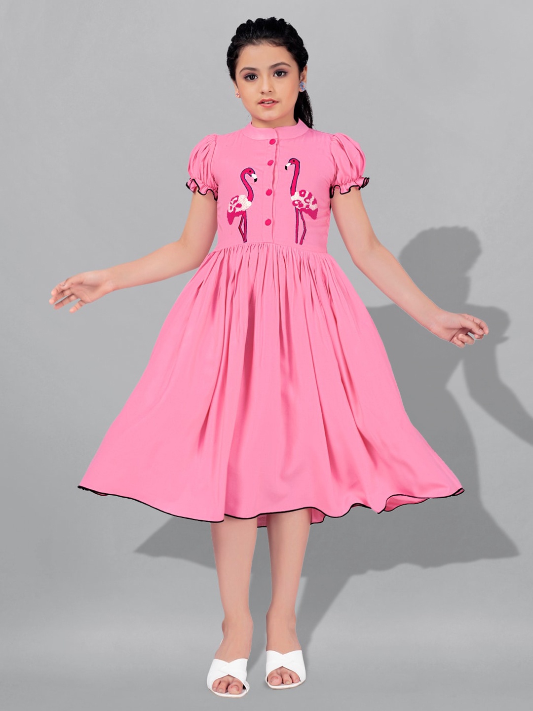 

FASHION DREAM Girls Conversational Embroidered Fit & Flare Midi Dress, Pink