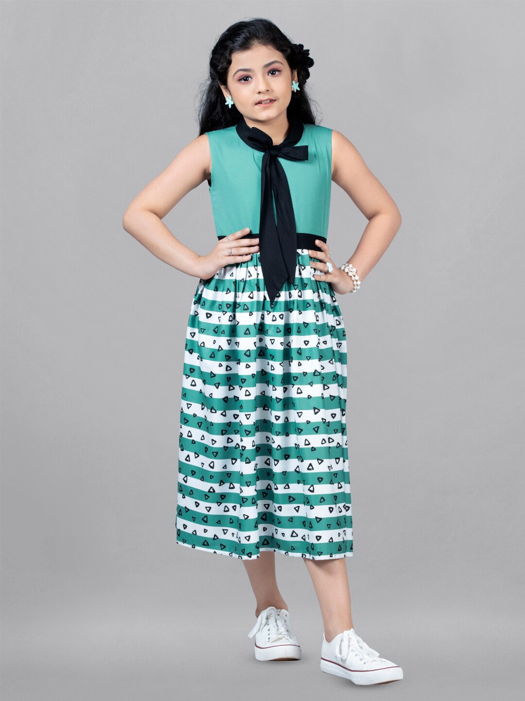 

FASHION DREAM Girls Striped Tie-Up Neck Fit & Flare Midi Dress, Teal