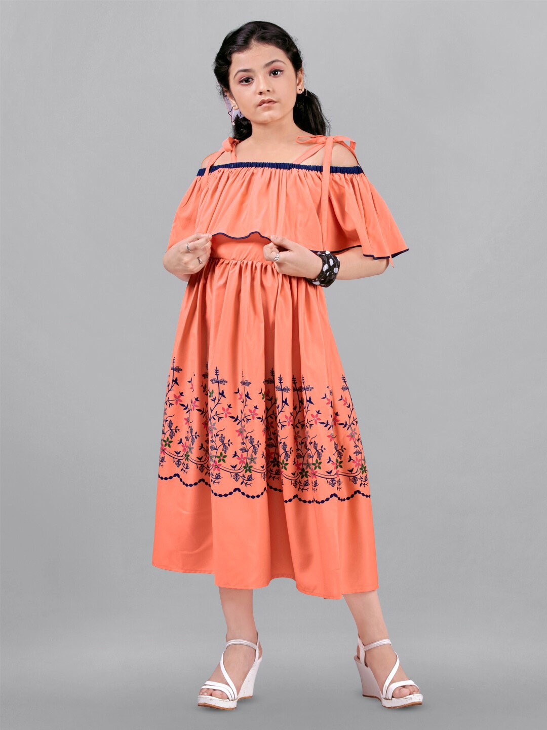 

FASHION DREAM Ethnic Motifs Print Off-Shoulder Fit & Flare Midi Dress, Orange