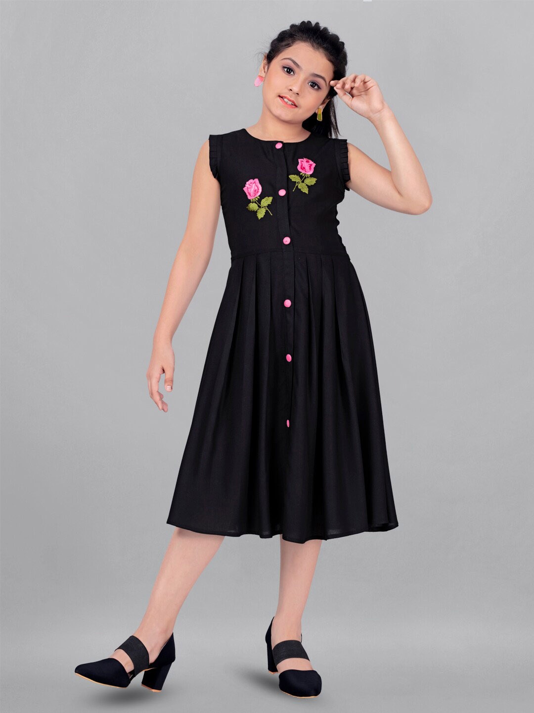 

FASHION DREAM Floral Embroidered Shirt Style Midi Dress, Black