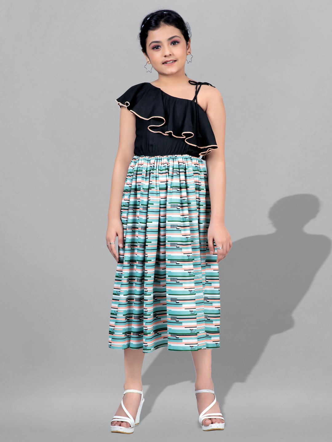 

FASHION DREAM Girls Geometric Printed Ruffles Fit & Flare Midi Dress, Black