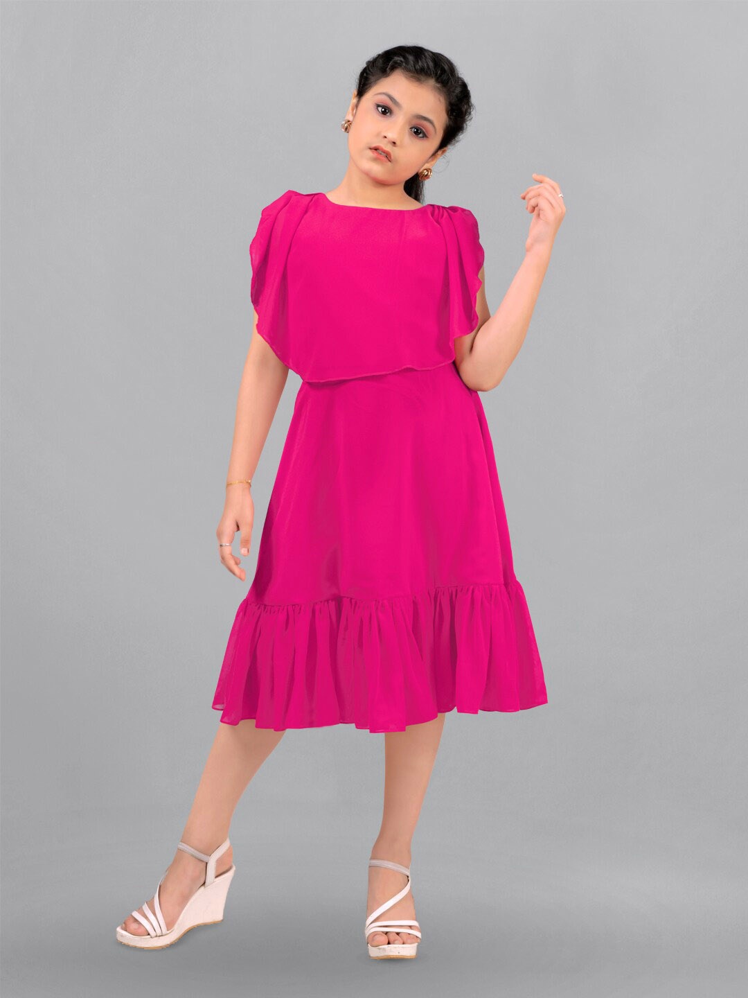 

FASHION DREAM Flutter Sleeves Georgette A-Line Midi Dress, Pink