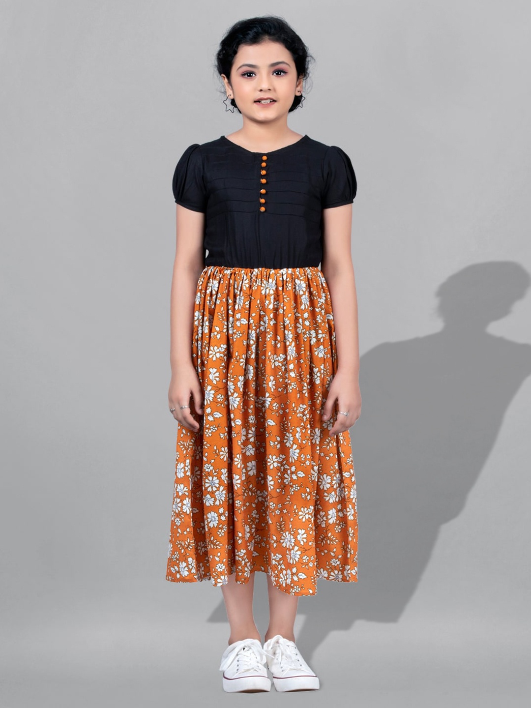 

FASHION DREAM Girls Floral Printed Fit & Flare Midi Dress, Black
