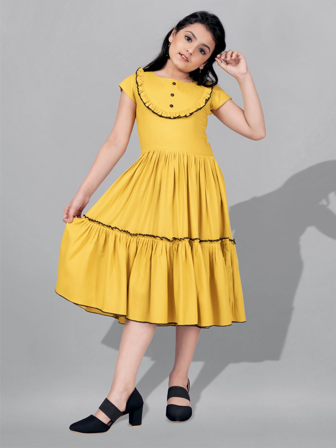 

FASHION DREAM Girls Ruffles Tiered Fit & Flare Midi Dress, Yellow