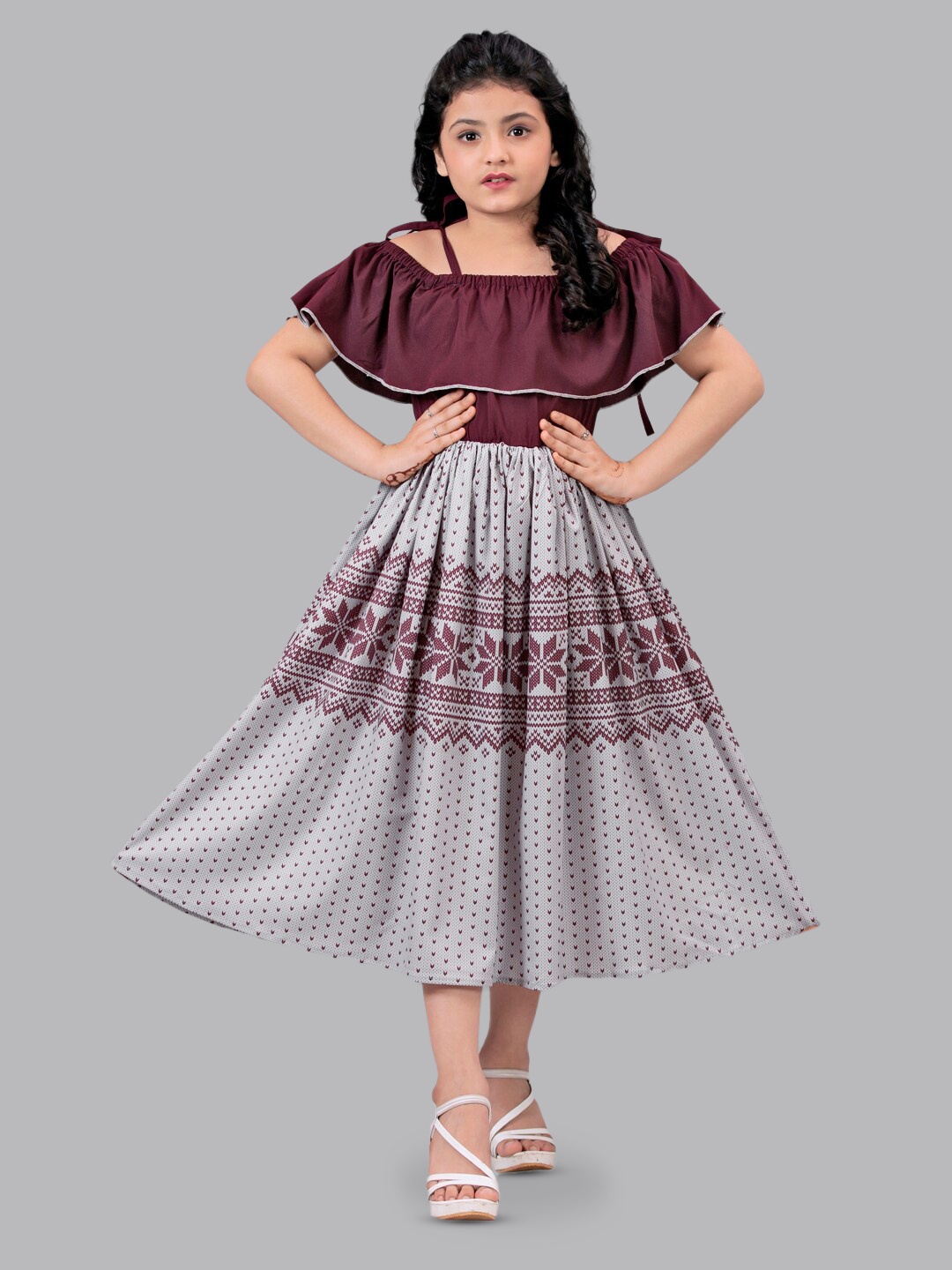 

FASHION DREAM Ethnic Print Flutter Sleeve Fit & Flare Midi Dress, Maroon