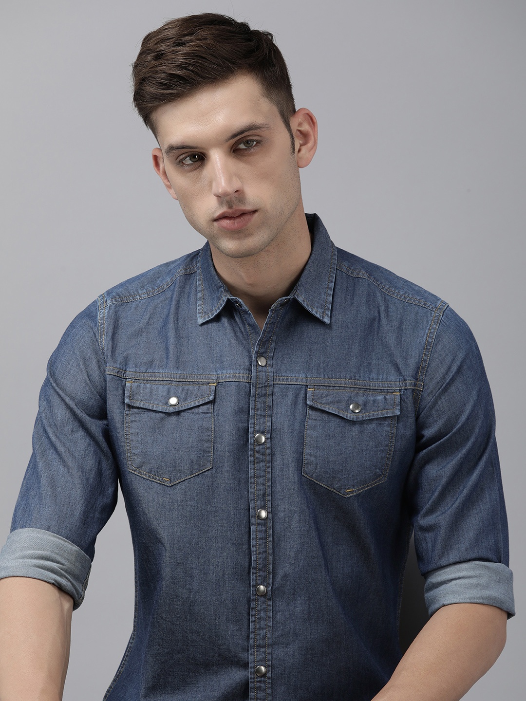 

THE BEAR HOUSE Slim Fit Denim Opaque Casual Shirt, Navy blue