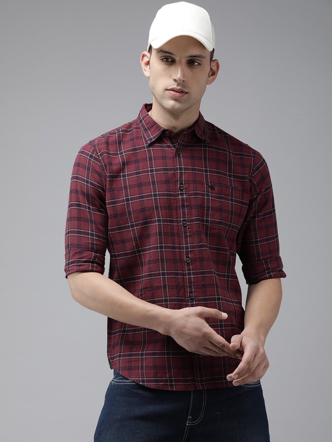 

THE BEAR HOUSE Slim Fit Tartan Checks Opaque Casual Shirt, Maroon