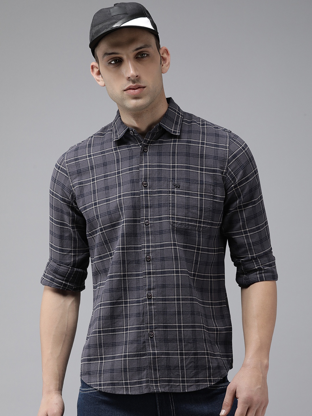 

THE BEAR HOUSE Slim Fit Tartan Checks Opaque Casual Shirt, Grey