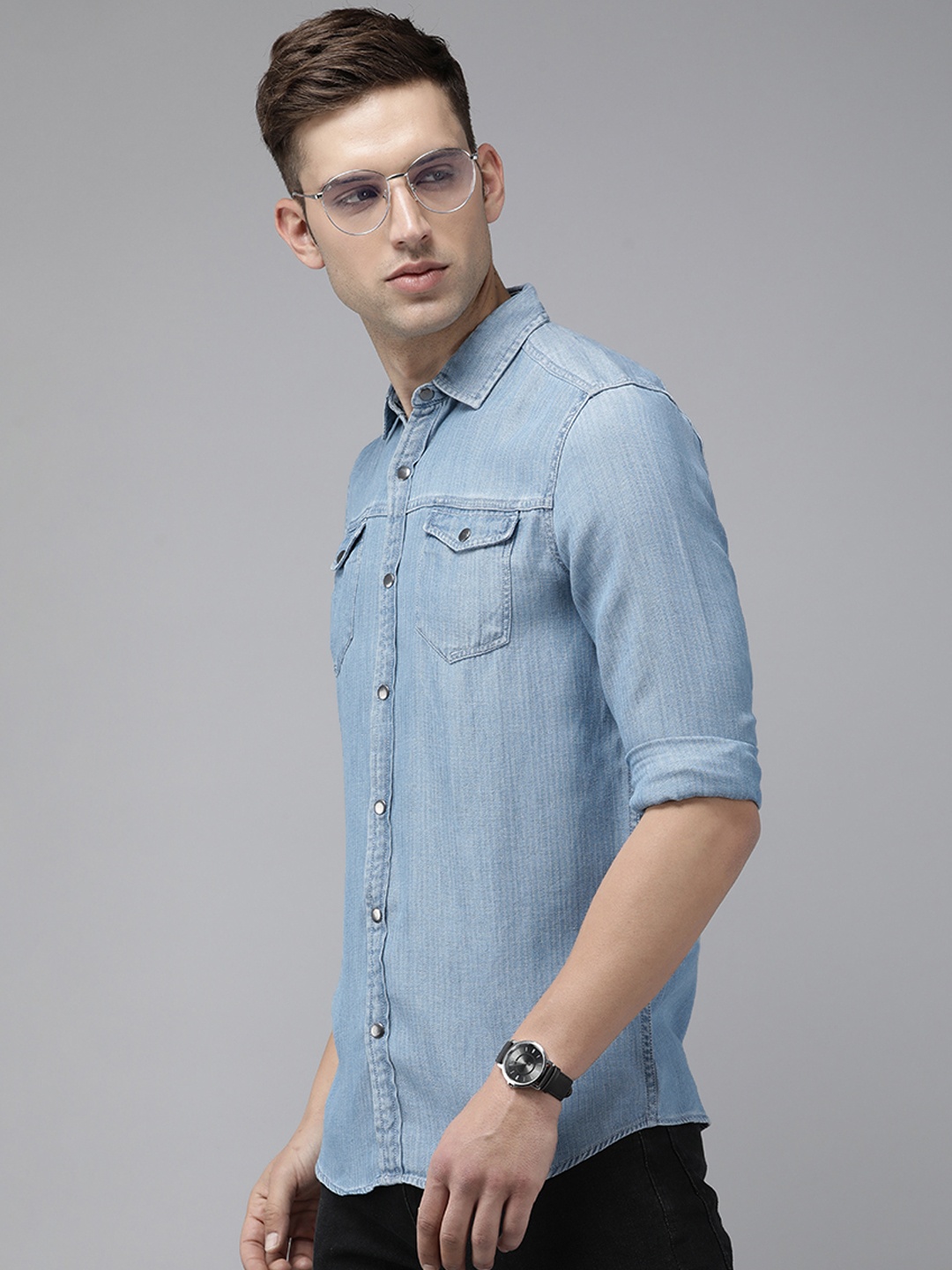 

THE BEAR HOUSE Slim Fit Denim Opaque Casual Shirt, Blue