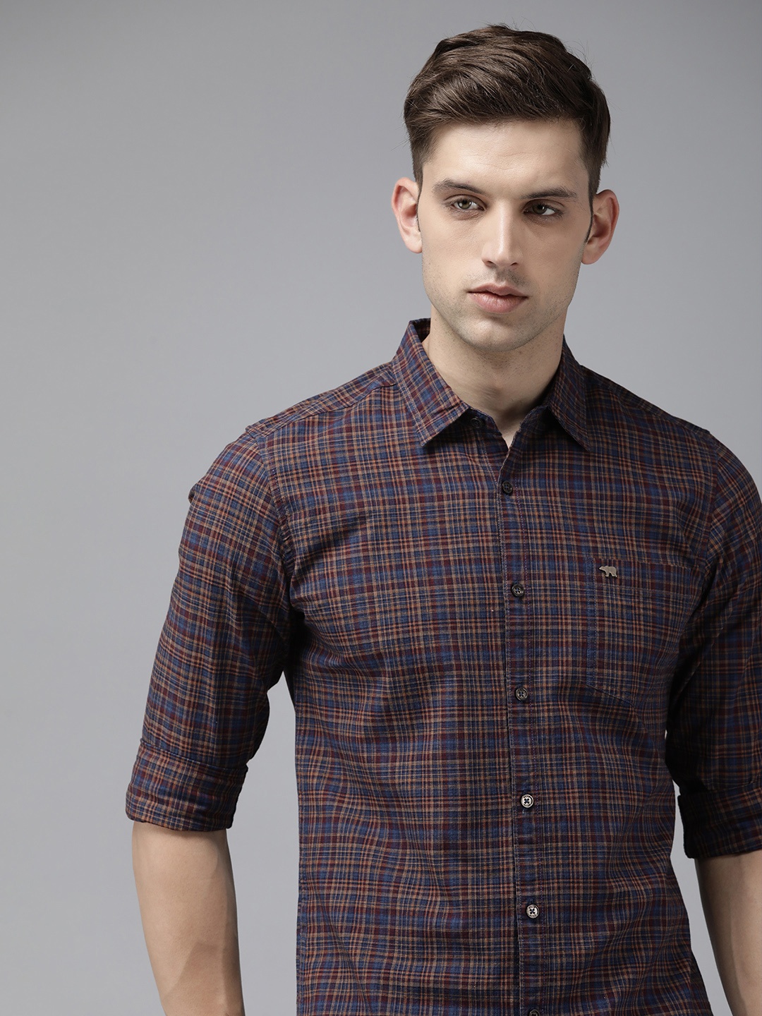 

THE BEAR HOUSE Pure Cotton Slim Fit Tartan Checks Opaque Checked Casual Shirt, Blue