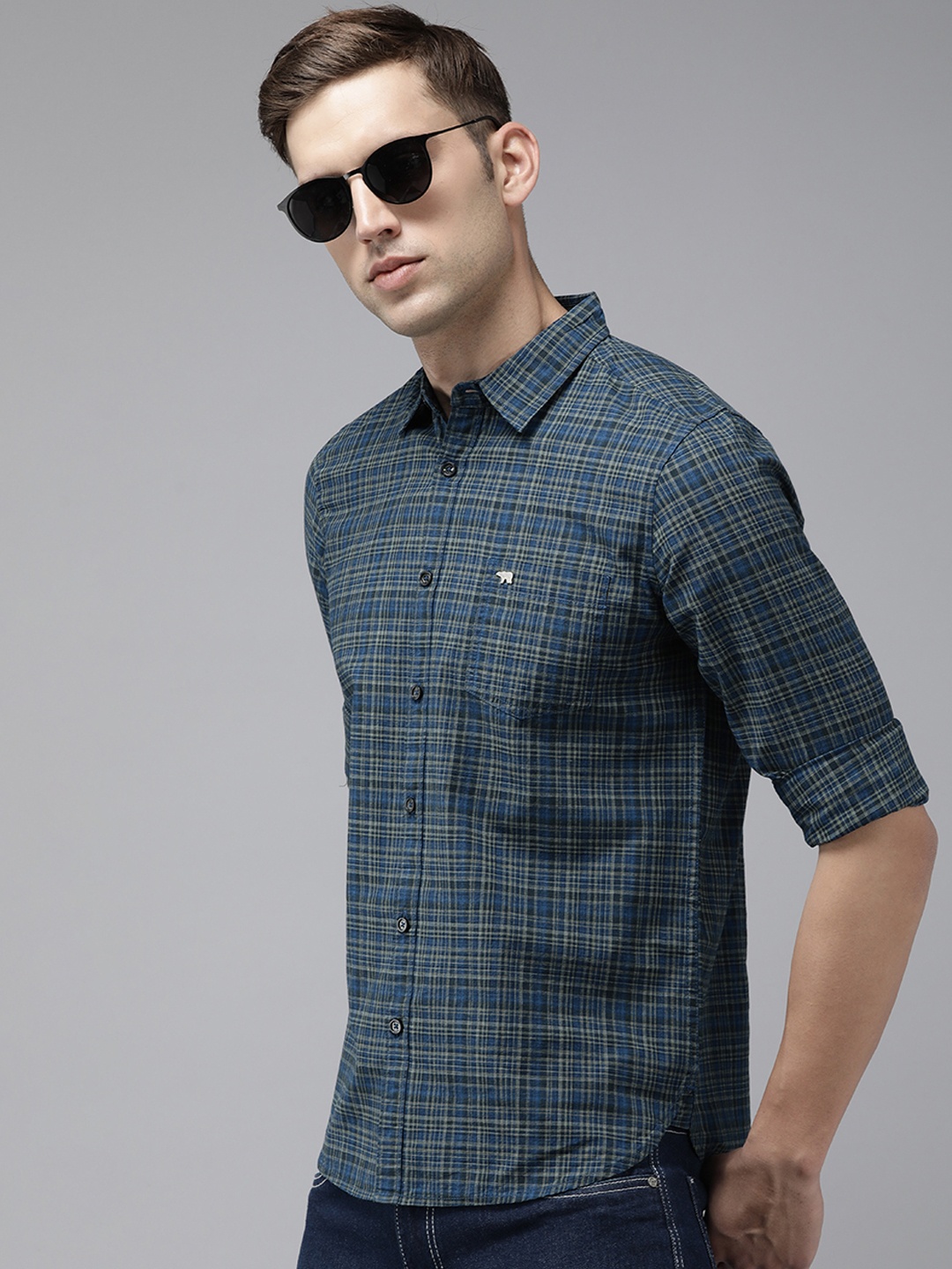 

THE BEAR HOUSE Slim Fit Opaque Checked Casual Shirt, Blue