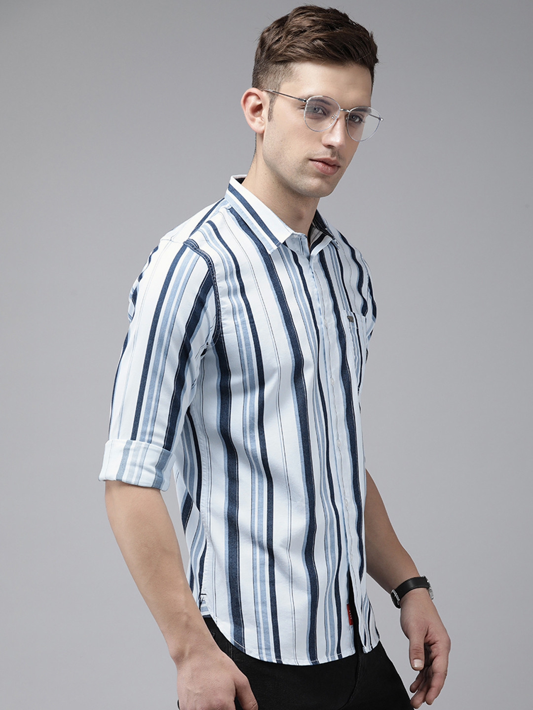 

THE BEAR HOUSE Slim Fit Opaque Striped Casual Shirt, Blue