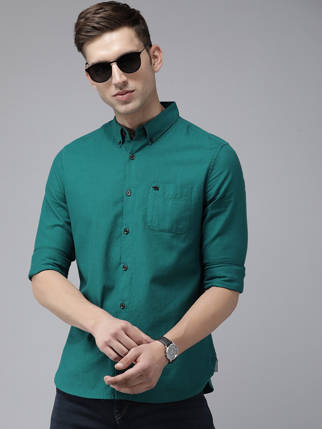 

THE BEAR HOUSE Slim Fit Opaque Casual Shirt, Teal