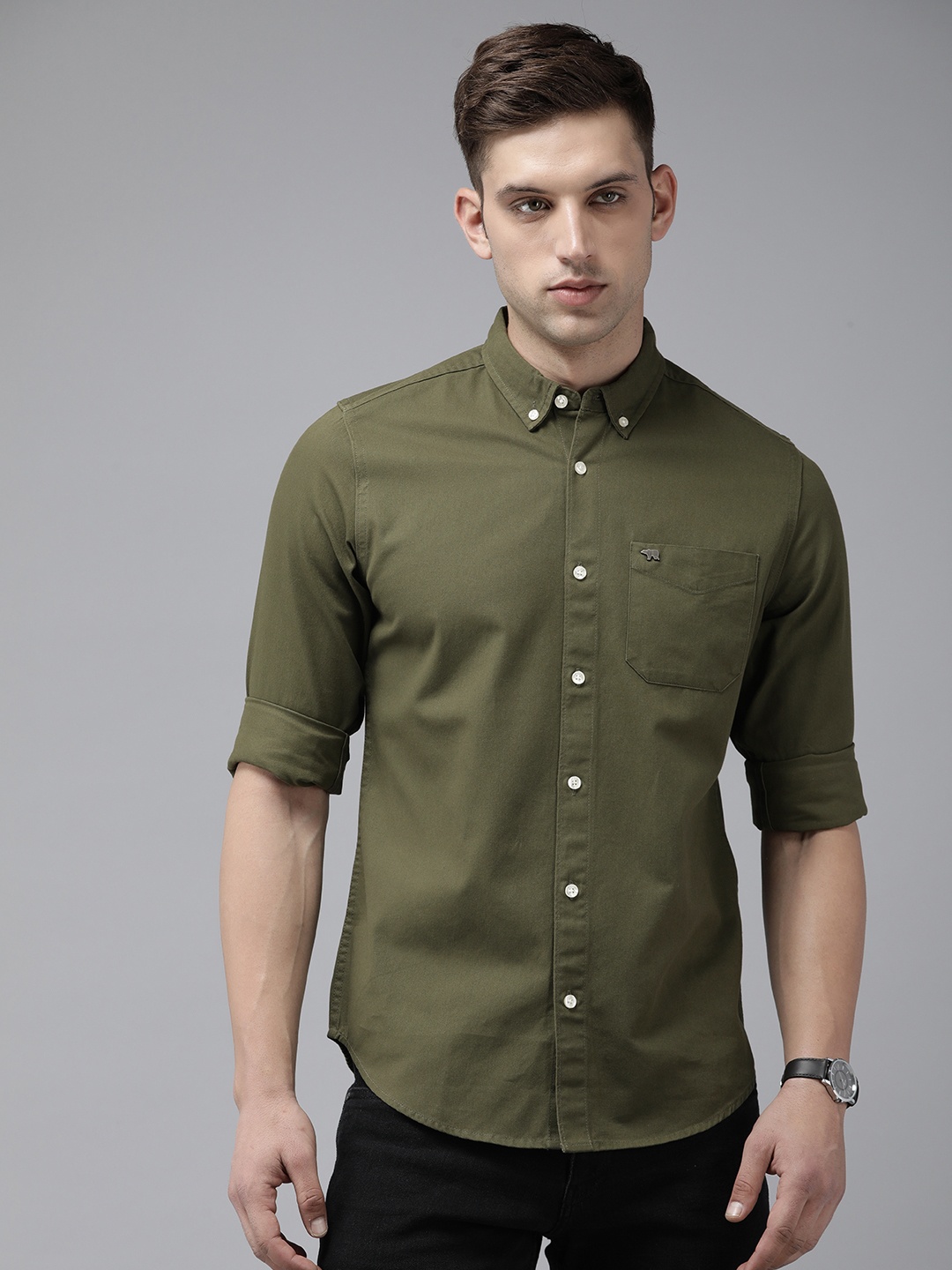 

THE BEAR HOUSE Slim Fit Opaque Casual Shirt, Green