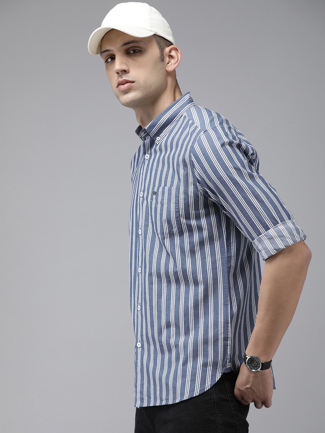 

THE BEAR HOUSE Pure Cotton Slim Fit Opaque Striped Casual Shirt, Blue
