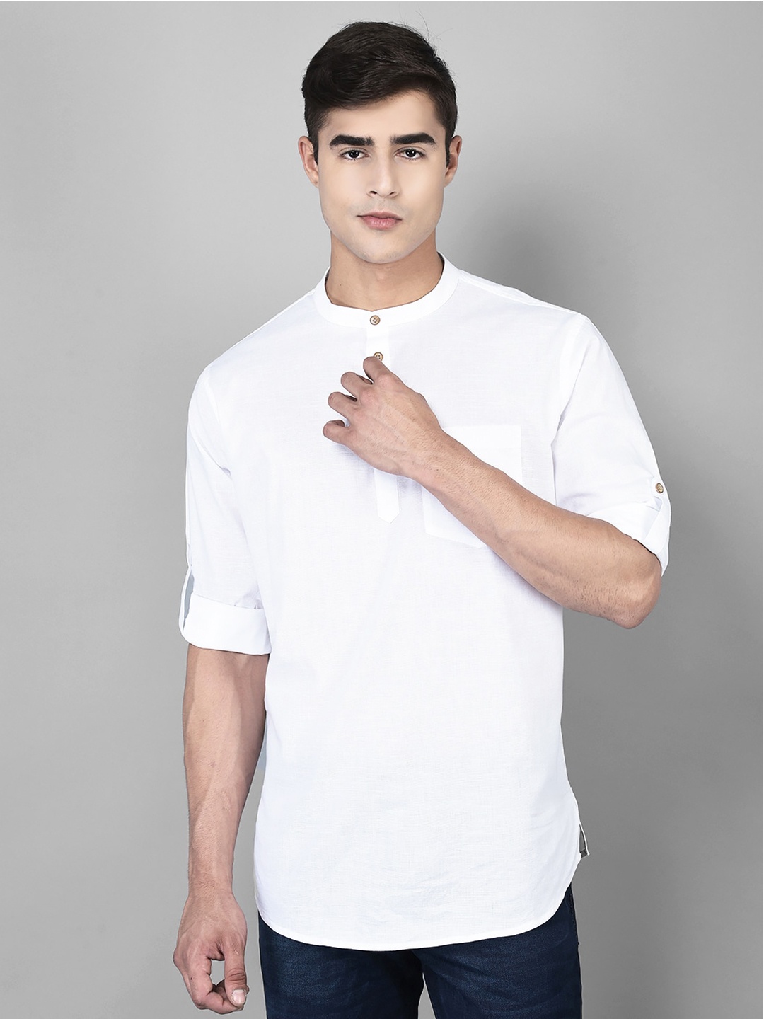 

Canary London Smart Mandarin Collar Roll-Up Sleeves Cotton Linen Slim Fit Casual Shirt, White