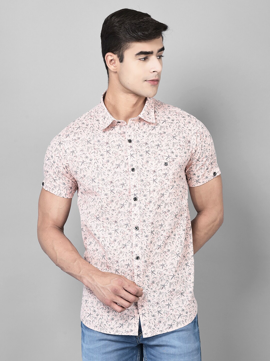 

Canary London Smart Slim Fit Tropical Printed Spread Collar Cotton Casual Shirt, Peach