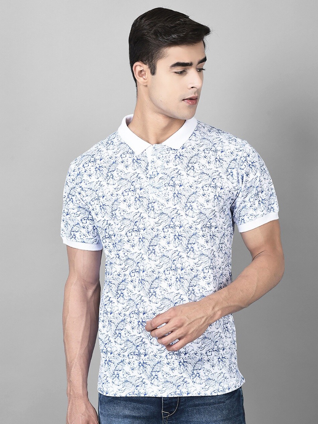 

Canary London Floral Printed Polo Collar Slim Fit Cotton T-shirt, White