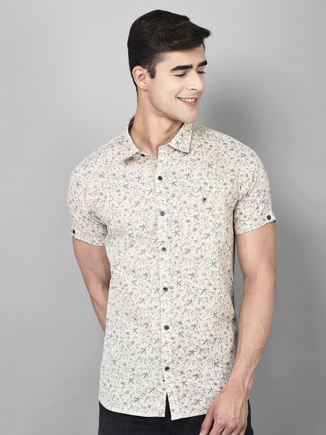 

Canary London Smart Conversational Printed Slim Fit Casual Shirt, Cream