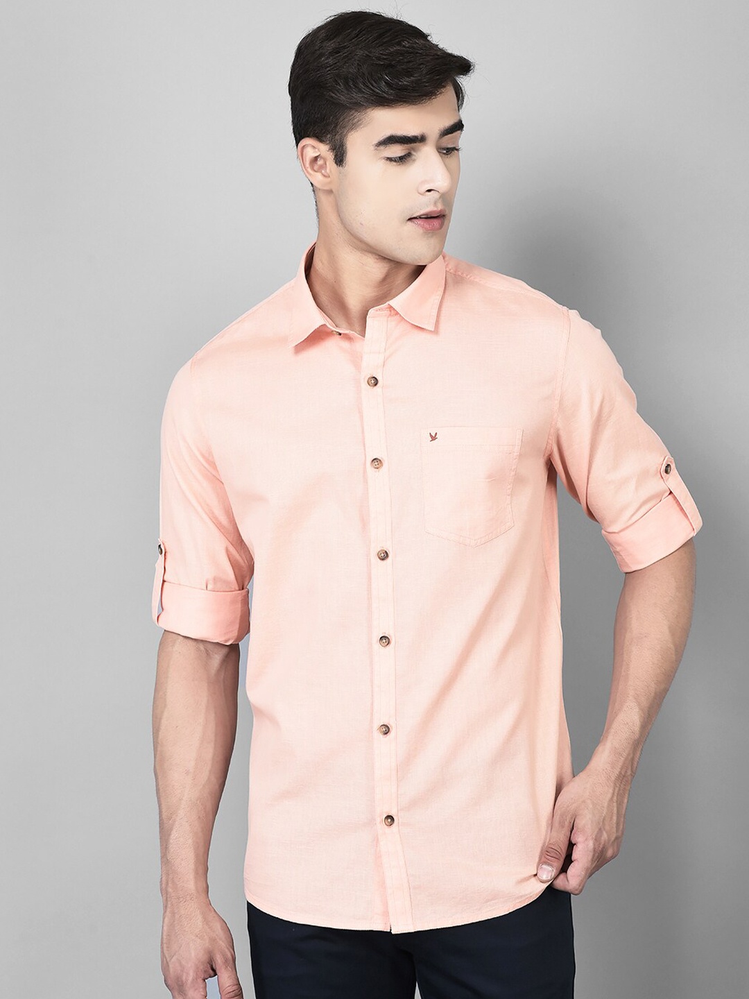 

Canary London Smart Spread Collar Roll-Up Sleeves Cotton Linen Slim Fit Casual Shirt, Peach