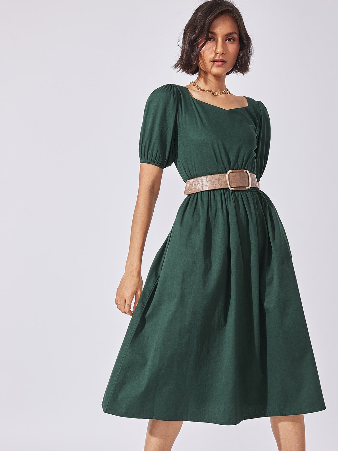 

The Label Life Puff Sleeve Fit & Flare Midi Dress, Olive