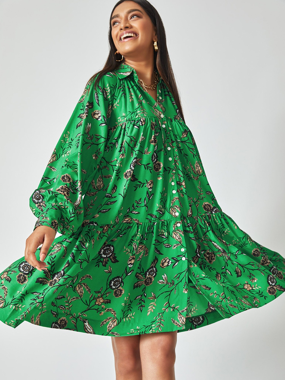 

The Label Life Floral Printed Cuffed Sleeves Gathered Tiered Shirt Dress, Green