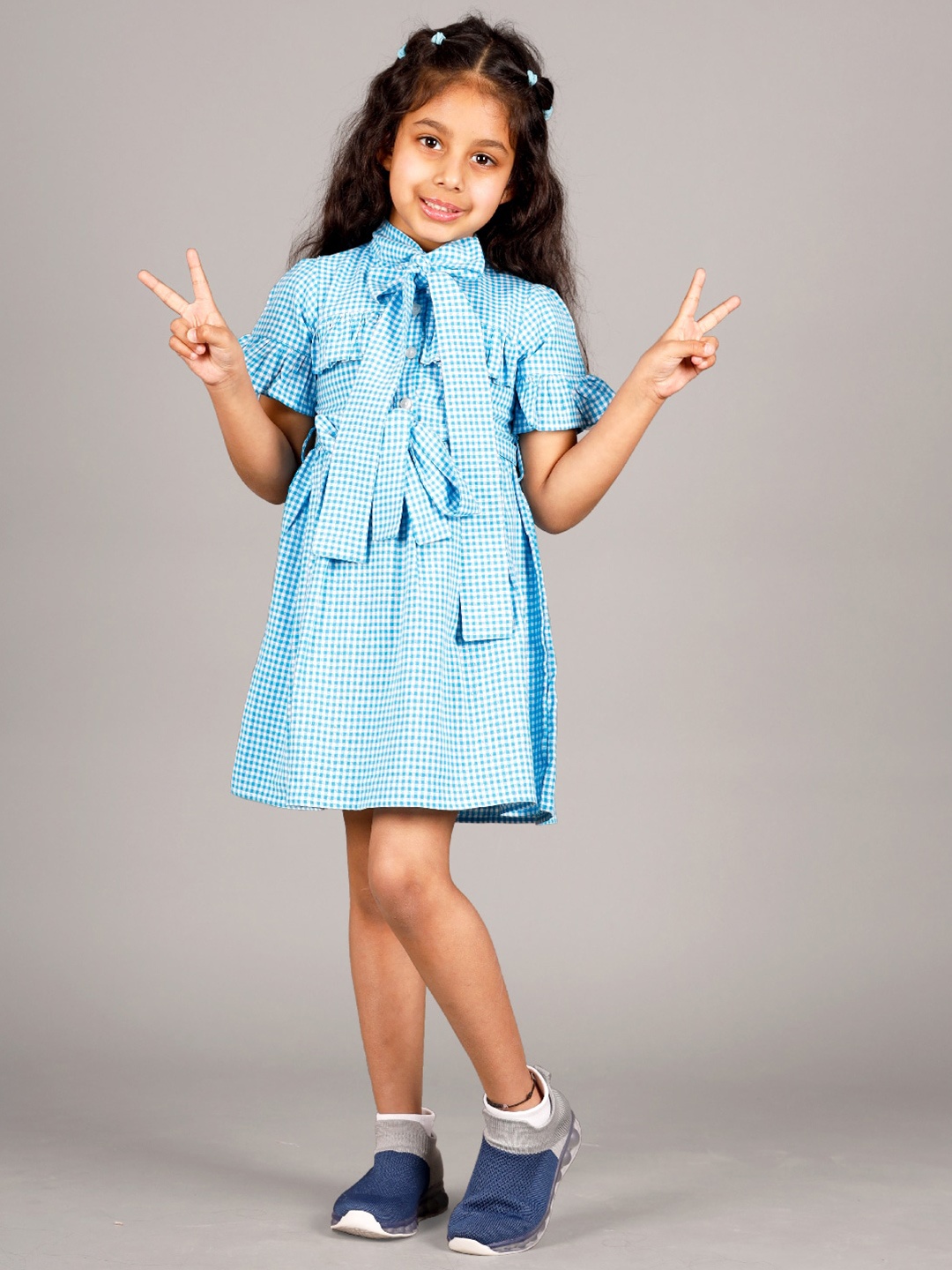 

Beyabella Girls Checked Tie-Up Neck Ruffled Pure Cotton Fit & Flare Dress, Blue