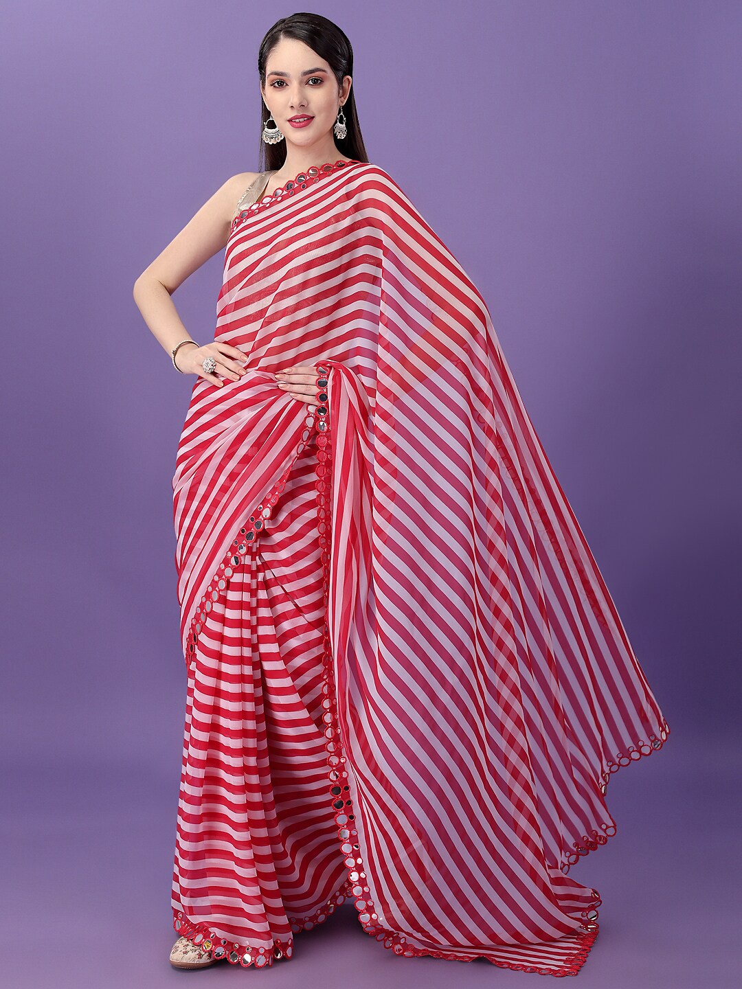 

CLEMIRA Red & White Striped Mirror Work Satin Leheriya Saree